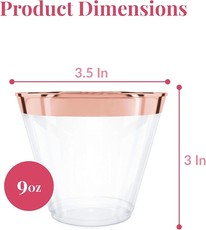 Prestee 200 Rose Gold Plastic Cups, 9oz – Elegant Hard Disposable Tumblers for Wine, Cocktails & Beverages – Clear Plastic Cups with Rose Gold Rim – Bulk Party Drinkware for Weddings, Holidays & Event - Bloomnest