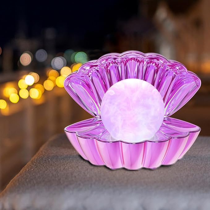 Shell Pearl Beach Themed Night Light, RGB 8 Colors Changing Mood Shell Pearl Lamps, Bedside LED Clamshell Portable Night Lights for Bar (Electroplating Purple) - Bloomnest