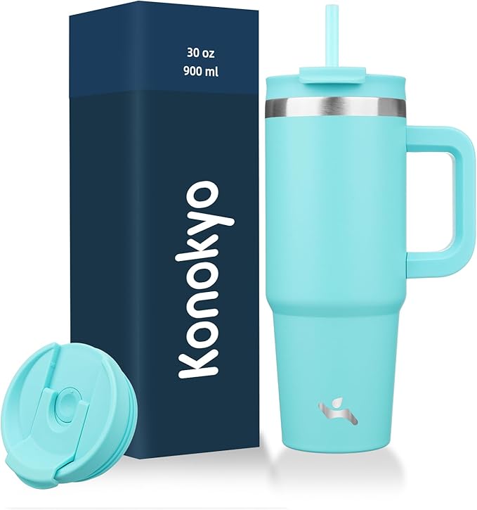 30 oz Tumbler with Handle and 2 Straws,2 in 1 Lid Insulated Water Bottle Stainless Steel Travel Coffee Mug,Turquoise - Bloomnest
