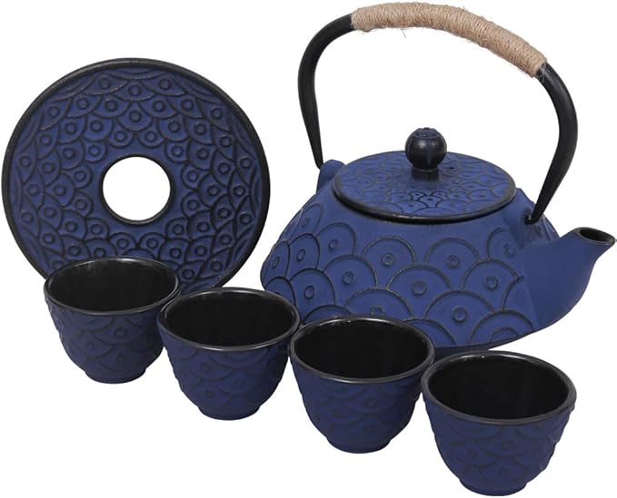 Japanese Style Cast Iron Teapot Set with 4 Tea Cups Iron Tea Kettle with Infuser Hemp Rope Trivet Asian Gift for Adults Parents (Fish Scale Pattern, Blue,Anti Rust) - Bloomnest