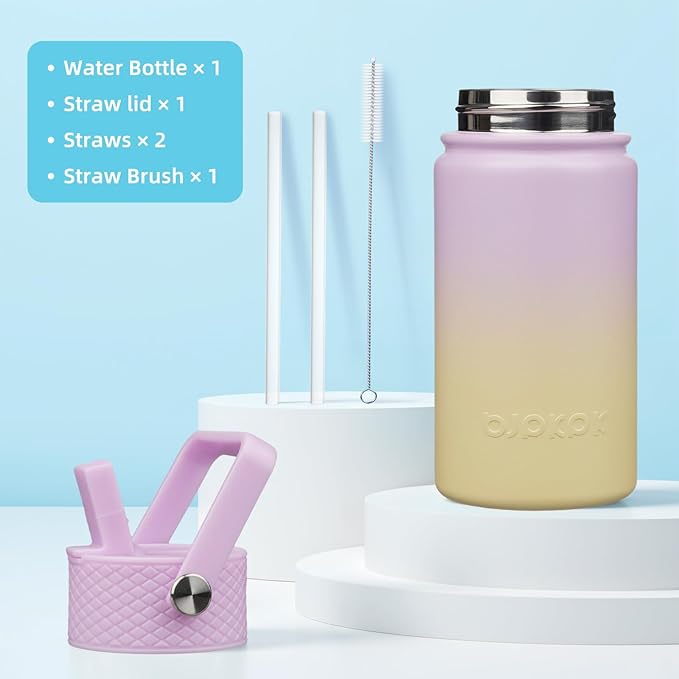 BJPKPK Insulated Water Bottle with Straw Lid, 15oz Cute Water Bottles, Stainless Steel Metal Thermo, Reusable BPA Free Leak Proof Tumblers, Cups,Wisteria - Bloomnest