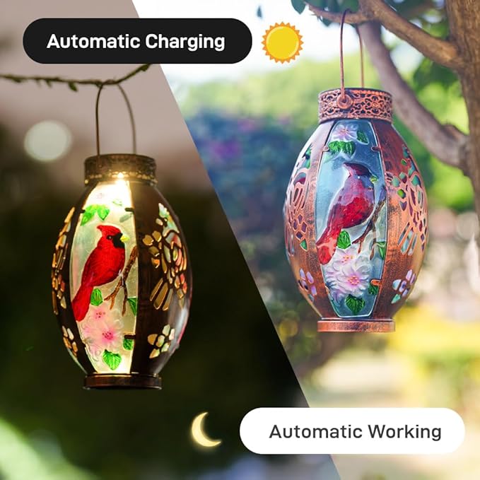Starsoul Cardinal Outdoor Solar Lantern - Metal & Stained Glass Cardinal Solar Light, Waterproof Tabletop Lamp with Hollowed-Out Design for Yard, Patio, Garden, Pathway - Bloomnest