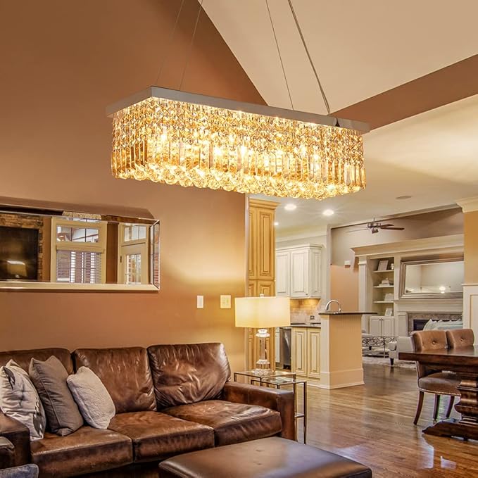 Saint Mossi 5-Lights Modern K9 Crystal Chandelier, Crystal Pendant Light Fixture, H9 x W10 x L31, Chain Adjustable Max 59“, Champagne Crystal & Chrome Finish - Bloomnest