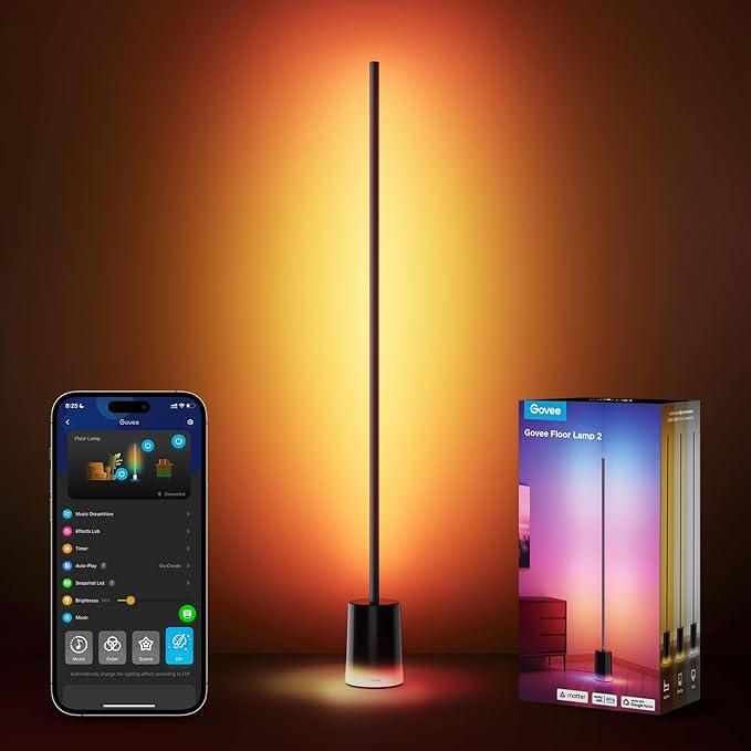 Govee Floor Lamp 2 with Matter, RGBIC, Warm Cool White LED, Alexa Compatible, 1725lm, Music Sync, Scene Modes, Smart Floor Lamp for Living Room, Bedroom, Black(1 Pack) - Bloomnest