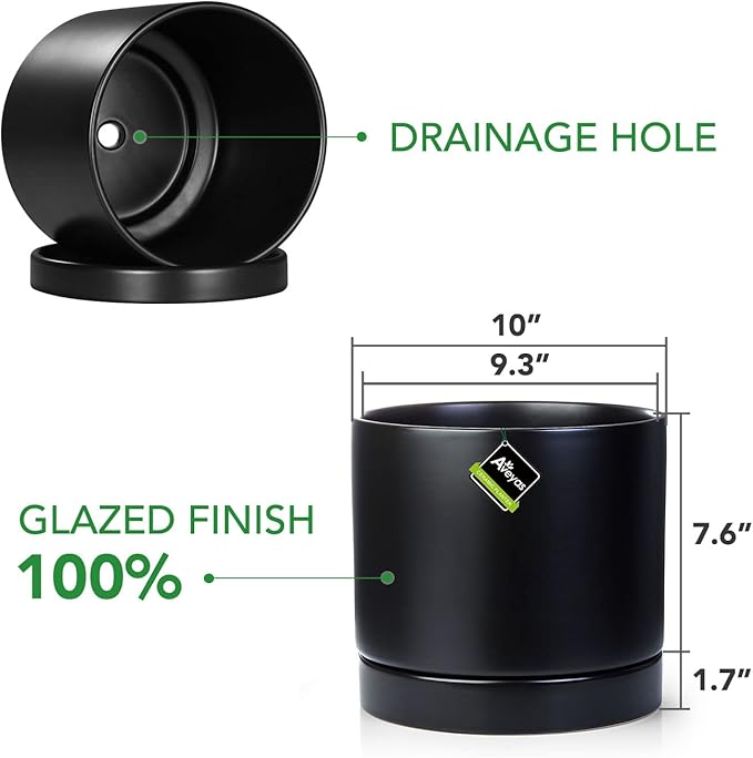 Aveyas 10 inch Ceramic Plant Pot with Drainage Hole and Saucer - Suitable for Indoor and Outdoor Use, Modern Planters for House Garden Flower Tree Snake Monstera Plants (10", Matte Black) - Bloomnest