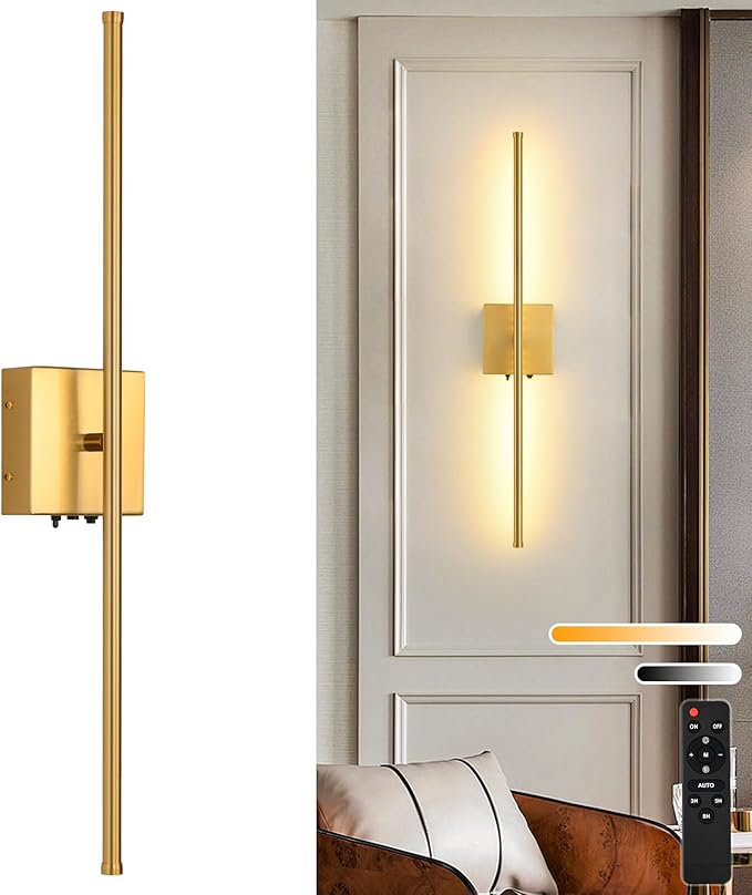 Rechargeable Battery Operated Wall Sconces, 11000mAh Wireless Brushed Gold Wall Lights with Remote Control, 350°Rotate Dimmable Wall Lamp, 3 Color Temperatures, for Bedroom Living Room Hallway, 1 PCS - Bloomnest