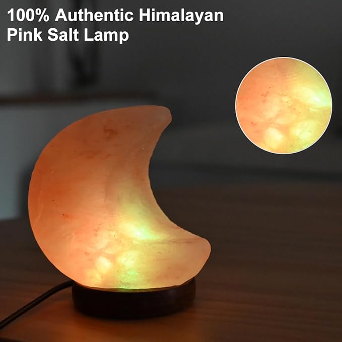 FANHAO Himalayan Salt Lamp, 100% Authentic Natural Hand Carved Moon Pink Crystal Rock Salt with 8 Color Changing, USB Salt Rock Lamp Night Light for Home Decor and Gift, Neem Wooden Base - Bloomnest