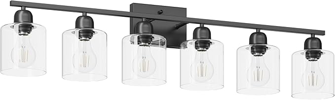 Modern 6 Light Bathroom Light Fixtures,38 inch Vanity Lights for Bathroom with Clear Glass, Black Vanity Light for Mirror Kitchen Living Room Hallway Cabinet Porch - Bloomnest