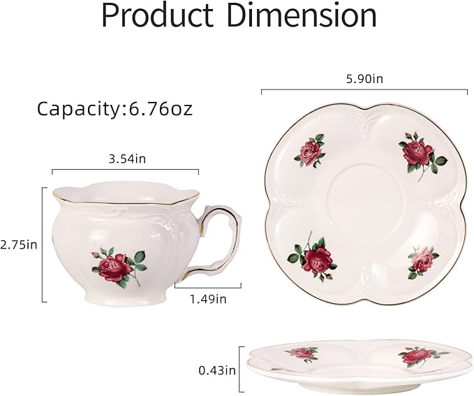 KAMMAK Tea Cups and Saucers Set of 2, Porcelain Coffee Cups, 6.8-Ounce Stackable Espresso Mugs, Ceramic Demitasse for Coffee, Latte, Americano, Tea, Baroque Rose - Bloomnest