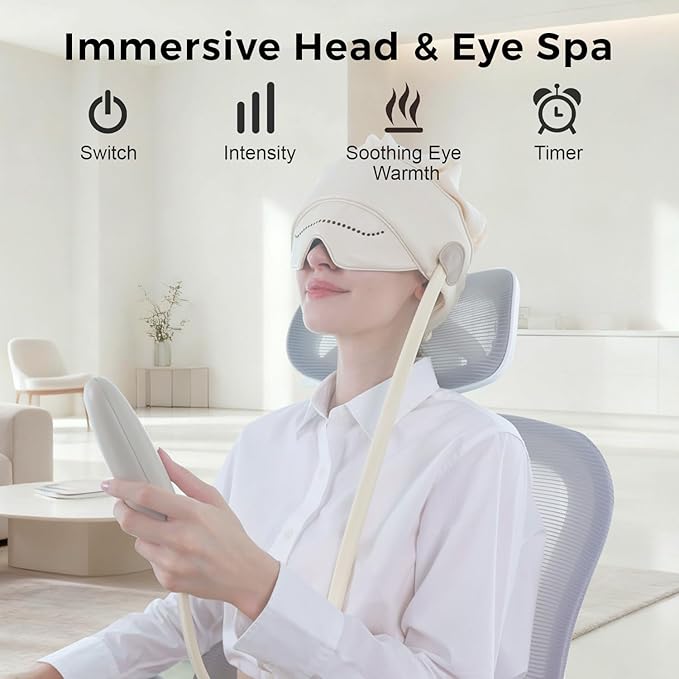 Head Massager for Headaches, Eye Massager with Heat, Electric Rechargeable Head and Eye Massage Tool for Stress Relief, Migraine Relief Massager for Forehead, 6 Zone Kneading COMRELAX