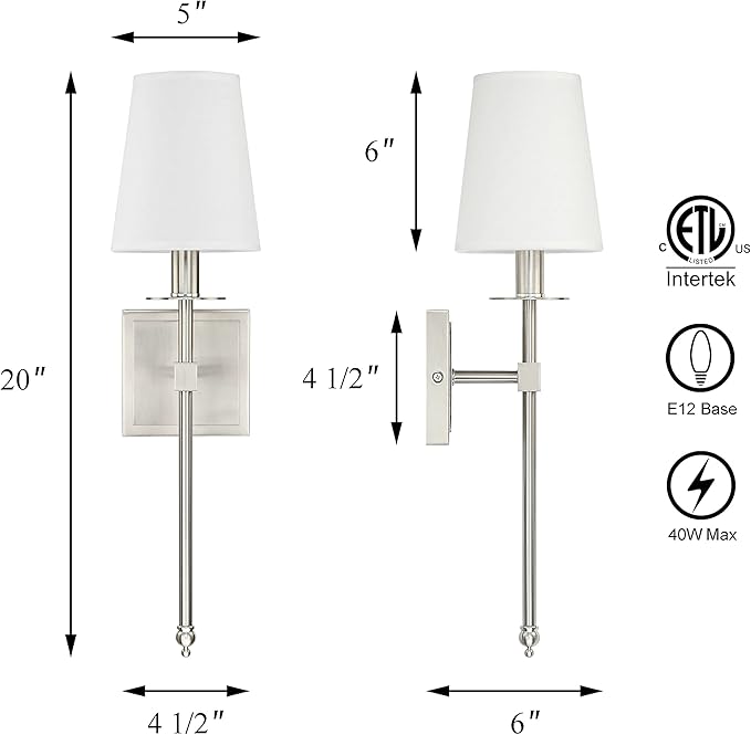 XiNBEi Lighting Bedroom Wall Lamps Set of 2, Modern Bedside Wall Sconce Light with Flared Fabric Shade 1 Light Wall Light Fixture Brushed Nickel Finish for Vanity Bathroom & Living Room - Bloomnest