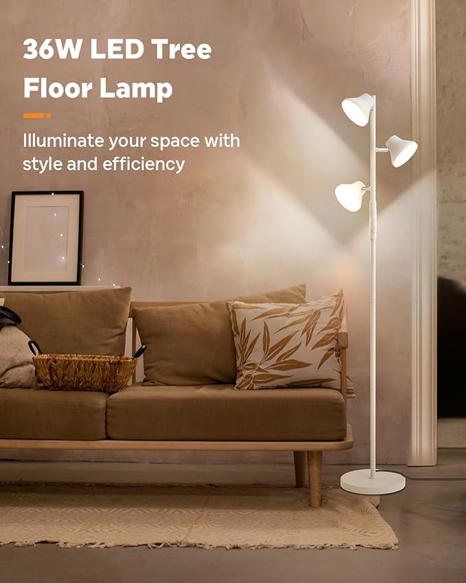 White Floor Lamp, 36W Modern Dimmable Standing Lamp 2700-6500K, 3 Rotatable LED Lights Reading Tall Lamp, Touch & Remote Control Floor Lamps for Living Room Bedroom Office - Bloomnest