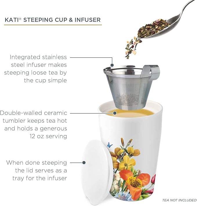 Tea Forte Double-Walled Ceramic Kati Cup, Removable Stainless Steel Infuser Basket and Lid, Steeps 12 oz Loose Leaf Tea, Dishwasher & Microwave Safe, Jubilee - Bloomnest