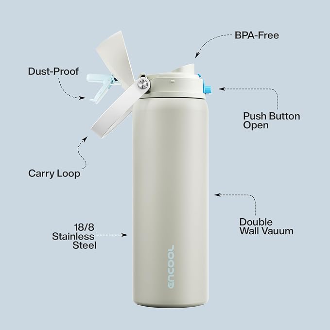 Insulated Water Bottle with Straw - Encool Stainless Steel Water Bottle with Push Button Lid, Leak-Proof & BPA-Free, Keeps Cold for 24 Hours for Sports, Travel, Gym (32 oz, Kangaroo Grey) ENCOOL