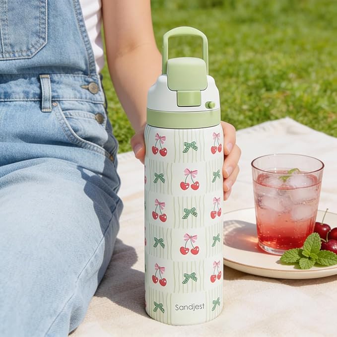 Cherry Stainless Steel Water Bottle, Vacuum Insulated, Push-Button Lid, 32 oz, Gifts for Women Girls Friends Teens Birthday Christmas SANDJEST