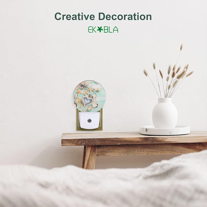 EKOBLA Beach Night Lights Plug into Wall Seashell Starfish on Wooden Board Coastal Led Dusk to Dawn Plug-in Nightlights Auto Sensor for Home Indoor Bathroom Hallway Kitchen - Bloomnest