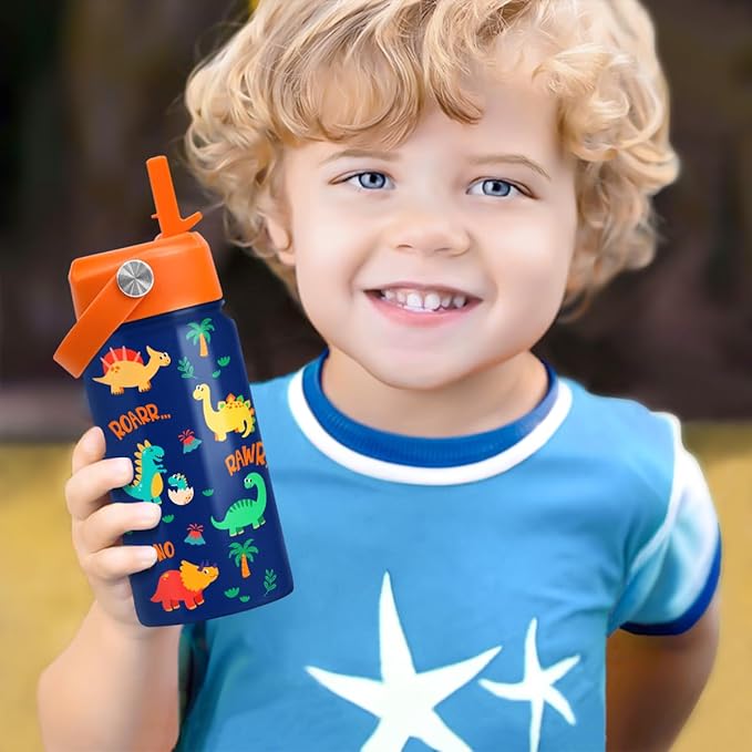 Dinosaur Water Bottle for Boys - Kids Water Bottle with Straw Lid - 12 Oz Insulated Stainless Steel Water Bottles for Kid - Travel Cup for School Sports - Bloomnest