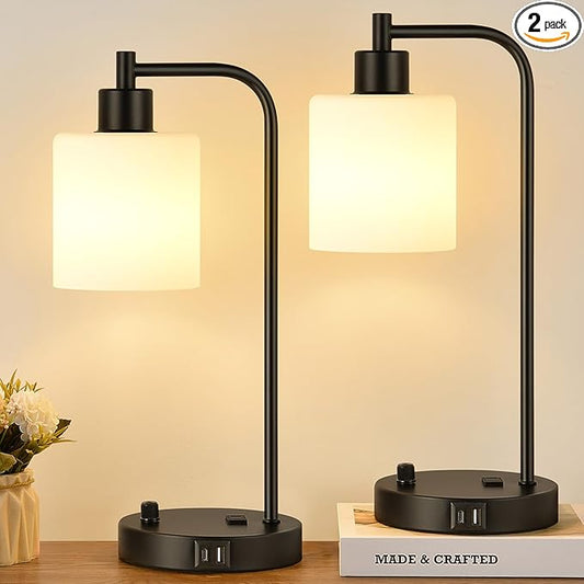 Lynnoland Set of 2 Industrial Table Lamps with USB C+A Ports and Outlet, Black Fully Stepless Dimmable Bedside Lamps, Nightstand Lamp with Opal Glass Shade for Reading Office (2 LED Bulb) - Bloomnest