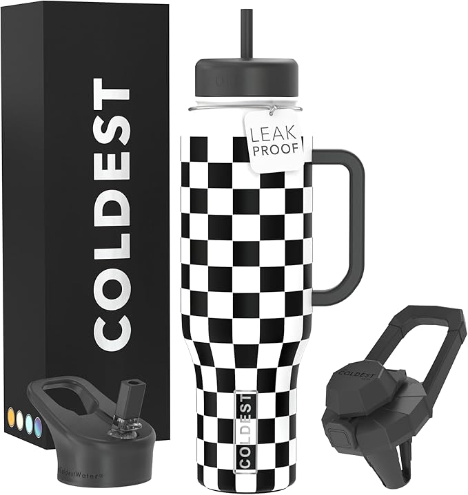 Coldest Tumbler with Handle and Straw, 100% Leak Proof Insulated Tumbler with Lid and Straw (3 Lids), Stainless Steel Tumblers for Women & Men, Cup Holder Friendly, 46 oz (Black Checkers) - Bloomnest