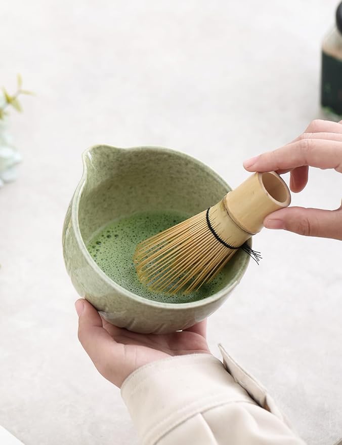 TANG PIN Matcha Set - Match Bowl with Spout and Whisk, 15 OZ, Matcha Scoop | Matcha Whisk Stand (Chasen Holder) - 4pc Perfect Matcha Kit for Matcha Tea Ceremony (Mottled Green) - Bloomnest