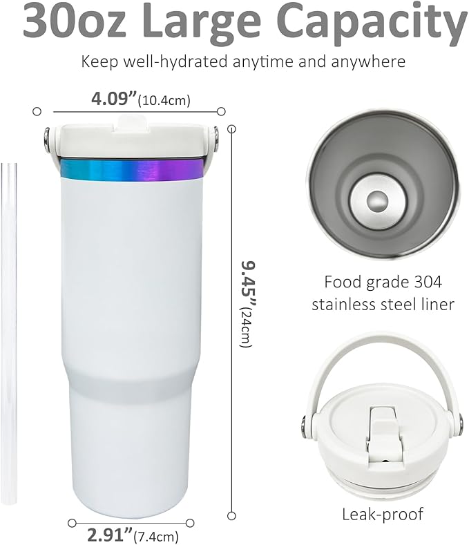 30 oz Tumbler with Handle, Double Wall Vacuum Insulated Tumblers with Flip Straw, Coffee Mug 30oz Powder Coated Cup for Hot and Cold Drinks(Blue Purple Plated, White,1 pack)