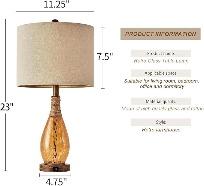 OYEARS 23" USB A+C Table Lamp for Bedroom Living Room Modern Bedside Lamps Retro Farmhouse Rattan Glass Nightstand Nightlight Lamps (Amber),Two Light Points - Bloomnest