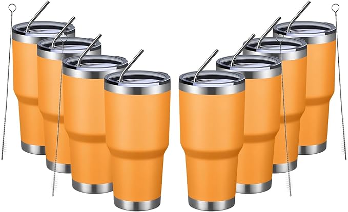 MEWAY 30oz Insulated Tumbler With Lids and Straws,Stainless Steel Double Vacuum Coffee Tumbler Cup, Brush, Durable Powder Coated Coffee Cup for Cold & Hot Drinks, Office, Travel(Orange,8 PACK) - Bloomnest