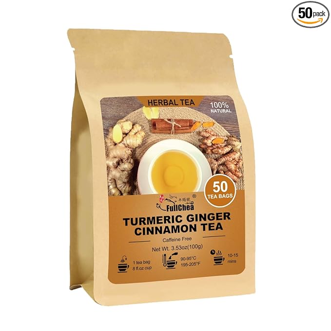 FullChea - Turmeric Ginger Cinnamon Tea Bags, 50 Count, 2g/bag - Premium Turmeric, Ginger, Cinnamon - Non-GMO - Caffeine-free - Aid Digestion & Boost Immunity - Bloomnest