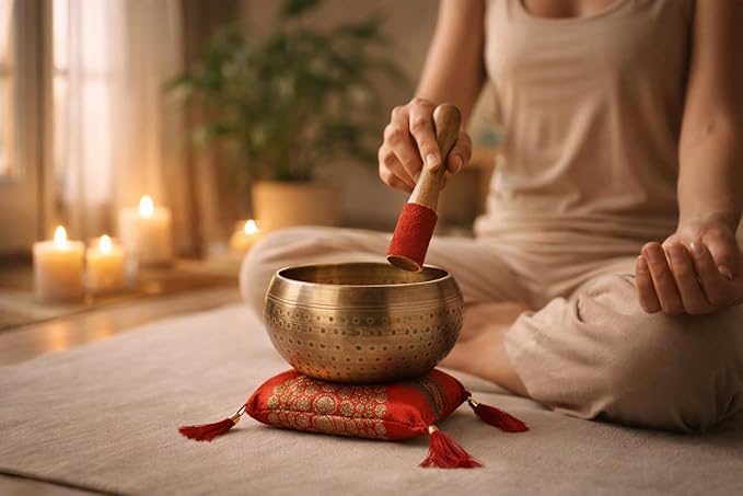 Tibetan Singing Bowl Set with Cushion & Mallet – Handmade Meditation Sound Bowl for Yoga, Healing, Mindfulness & Chakra Balancing (Brass, 4 Inch) KPAVIR