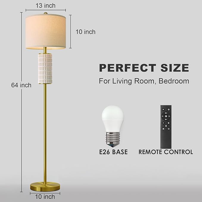 PoKat Ceramic Gold Floor Lamp with Remote, 64" Modern Floor Lamps for Living Room with Stepless Dimmable Colors Temperature, Tall Standing Lamp for Living Room Bedroom Reading, 9W Bulb Included - Bloomnest