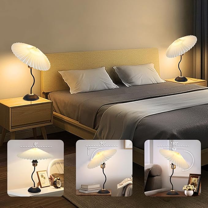 Arts Bedside Table Lamp for Bedroom, Cute Small Pleated Lamps for Nightstand, Vintage Lamp with Umbrella Shade, Decor Desk Reading Lamps for Living Room Kids Room Dorm Office with E26 LED Bulb - Bloomnest