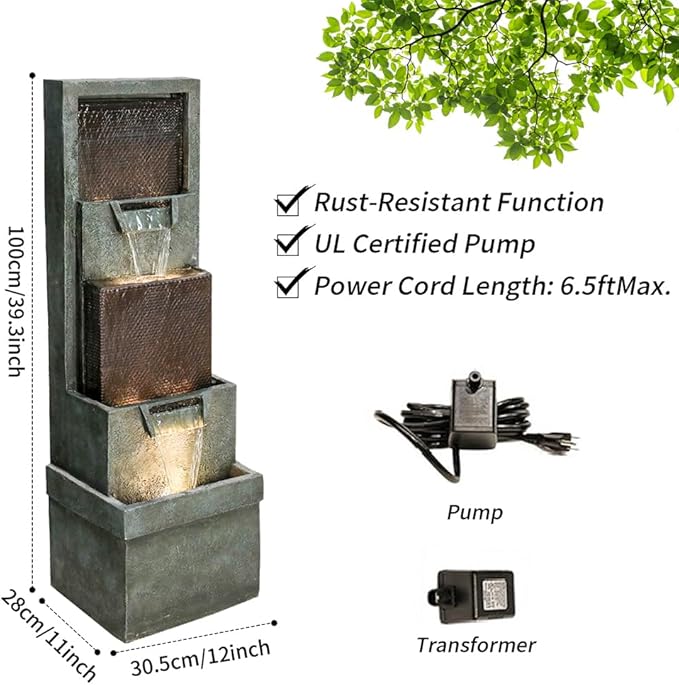 39.3”H Outdoor Garden Waterfall Fountain-Indoor Water Fountain with LED Lights, for Gardens, Landscaping, Patios, Balconies, Office,and Lawns for a Calming Oasis in Outdoor Living Art Decor
