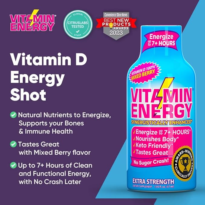 Vitamin Energy Vitamin D Extra Strength Energy Shot Mixed Berry 48 Pack, 260mg Natural Caffeine, B-Complex, Vitamin D, Wellness Support, Keto, Zero Sugar, Gluten-Free Vegan Kosher, 1.93 fl oz - Bloomnest
