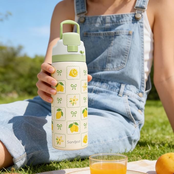 Lemon Stainless Steel Water Bottle, Vacuum Insulated, Push-Button Lid, 32 oz, Gifts for Women Girls Friends Teens Birthday Christmas SANDJEST
