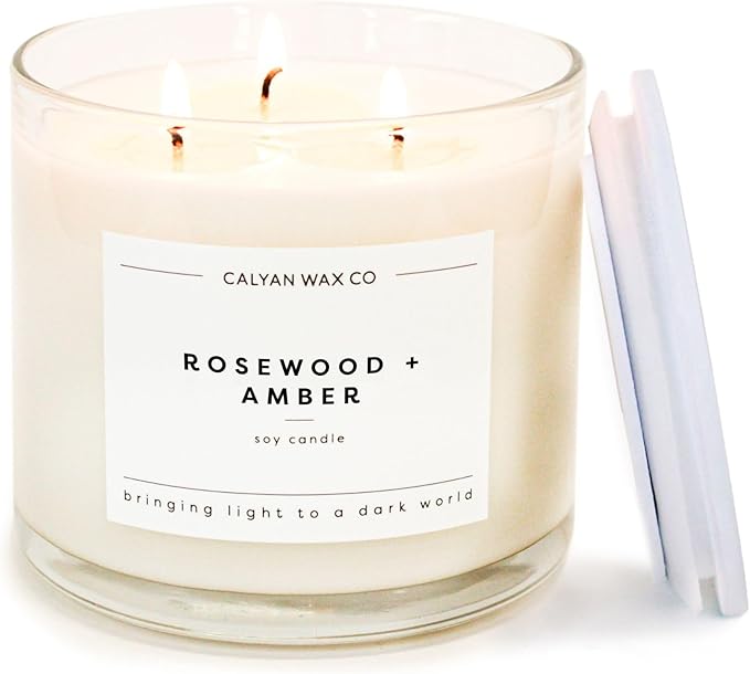 Calyan Wax Co. Rosewood & Amber 3 Wick Scented Candle - 43 Hour Burn - Luxury 3 Wick Soy Candles - Non Toxic Soy Wax Candles - Long Lasting Large Glass Jar Candle for Home - 14.9oz - Bloomnest