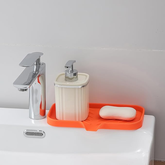 Silicone Bathroom Soap Dishes with Drain Spout-Bathroom and Kitchen Sink Organizer,Sponge Holder,Dish Soap Tray,Perfect for Dispenser,Scrubber,Bottle,Cup on Sink or Counter-Orange 9.6"×5.3" - Bloomnest