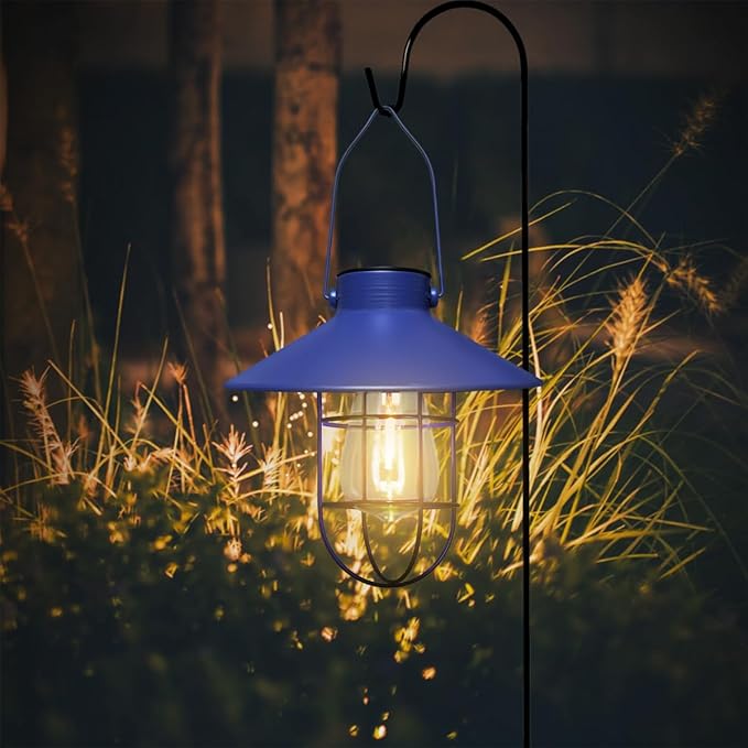 pearlstar Solar Lantern Outdoor Hanging Light Metal Farmhouse Solar Lamp with Warm White Edison Bulb Design for Garden Yard Patio Proch Decor(Blue) - Bloomnest