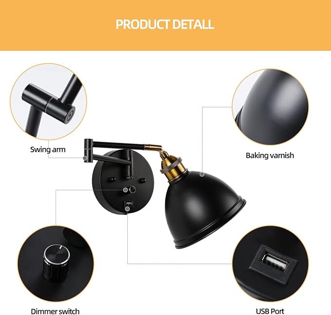 Swing Arm Wall Sconces, Plug-in Wall lamp,Bedroom Wall lamp ， White Fabric Shade，，with dimmable Switch and USB Charging Port, Suitable for Bedside, Living Room, Reading (Metallic Black) - Bloomnest