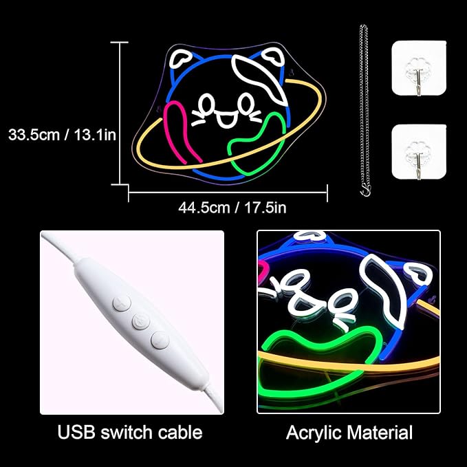 Lucunstar Planet Cat Neon Sign Cute Neon Light Signs for Wall Decor Cat LED Lights USB Connectivity Adjustable Brightness Earth Decor for Home Wall Bedroom Pet Shop Gifts for Geography Lover - Bloomnest