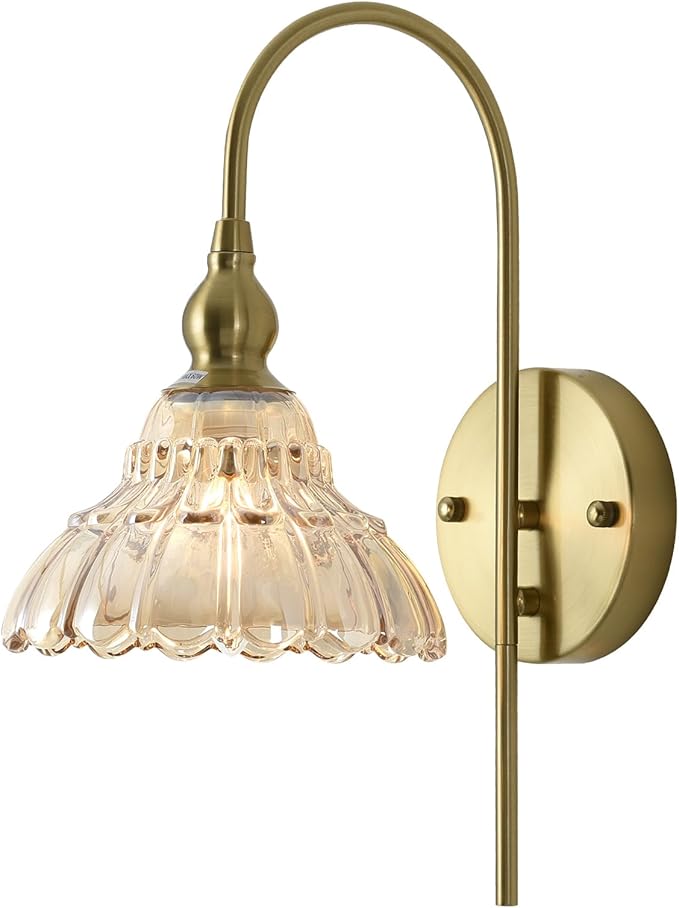 Vintage Wall Sconces with Amber Flower Glass Lampshade, Indoor Bath-Room Wall Sconce, Modern Gold Industrial Lighting Fixture for Mirror Living Room Hallway 1 Pack - Bloomnest