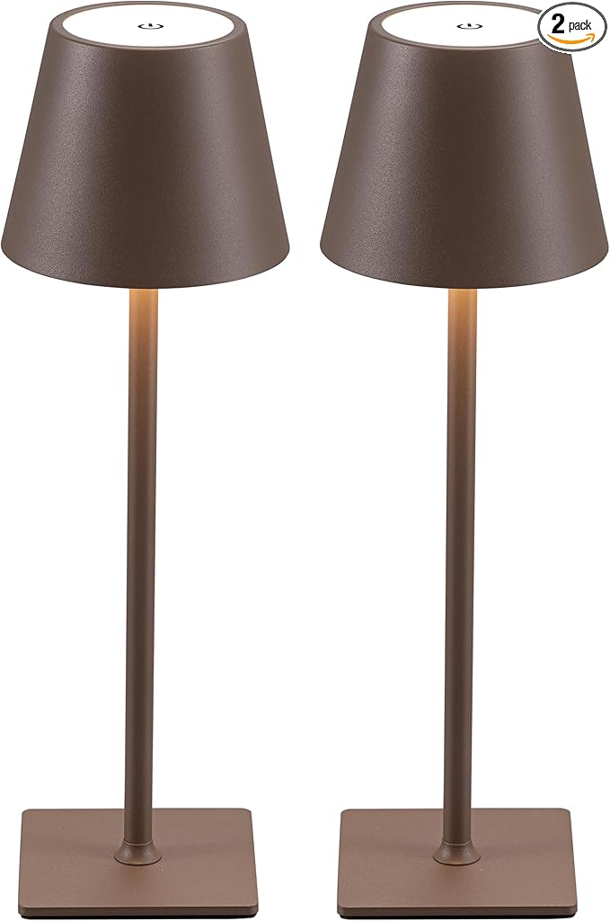 KDG 2 Pack Cordless Table Lamp,Portable LED Desk Lamp, 4000mAh Battery Operated, 3 Color Stepless Dimming Up, for Restaurant/Bedroom/Bars/Outdoor Party/Camping/Coffee Shop Night Light(Brown) - Bloomnest