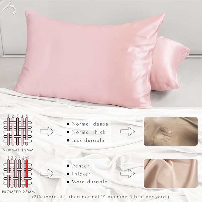 PROMEED 100% Silk Pillowcase Set of 2 with Hidden Zipper, 23 Momme 3rd Gen Grade 6A+ Mulberry Silk Pillow Case 2 Pack for Hair and Skin, Soft and Breathable (King 20"x36", Pink) - Bloomnest