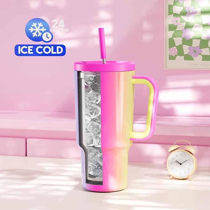 Meoky 30 oz Tumbler with Handle, Tumbler with Lid and Straw, Insulated Stainless Steel Travel Mug, 100% Leak-proof, Cupholder Friendly, Keeps Cold for 24 Hours or Hot for 8 Hours (Carnival) - Bloomnest