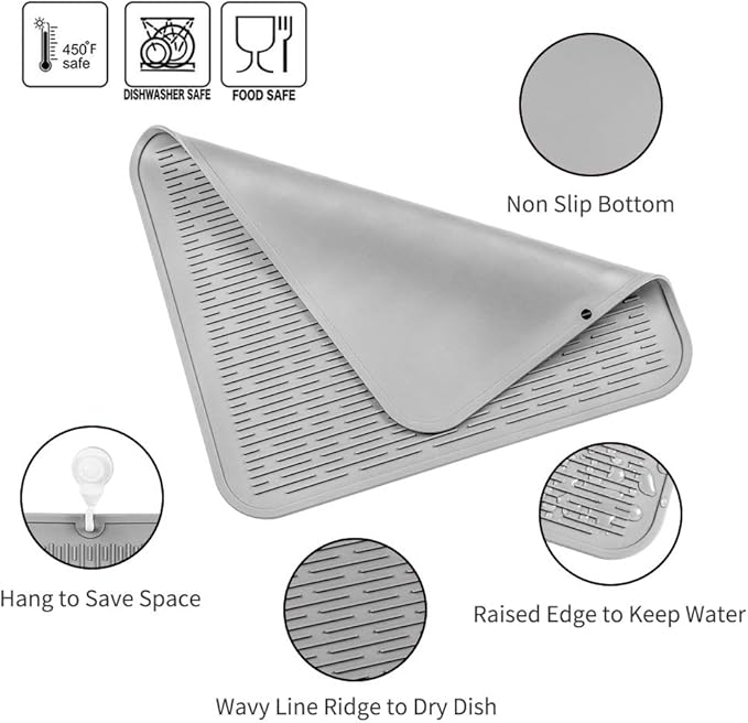 Silicone Dish Drying Mat for Multiple Usage,Easy clean,Eco-friendly,Heat-resistant Silicone Mat for Kitchen Counter or Sink,Refrigerator or Drawer Liner Grey XL 18 inches x 16 inches - Bloomnest