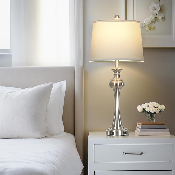 28.75" Silver Table Lamps for Living Room,Touch Lamps for Bedrooms Bedside Lamp 3-Way Dimmable Touch Control, Modern Silver Nightstand Lamp Fabric Shade Mid Century Accent Style（Bulb Inclued） - Bloomnest