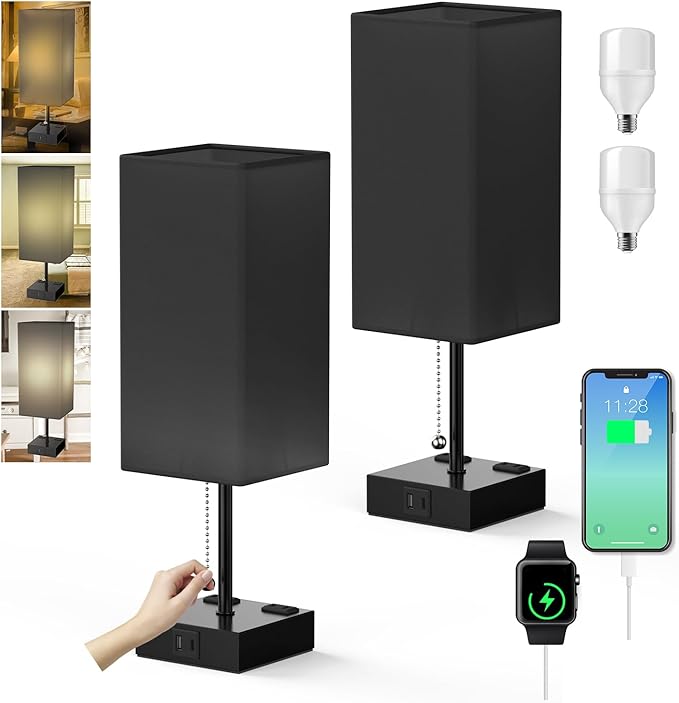 Table Lamp for Bedroom with USB,Bedside Lamp with USB C+A Charging Ports,Adjustable 3color LED Light for Home Decor/Nightstand/Office,Included Bulb and Fabric Lamp Shade (Linen Black, 2PCS) - Bloomnest
