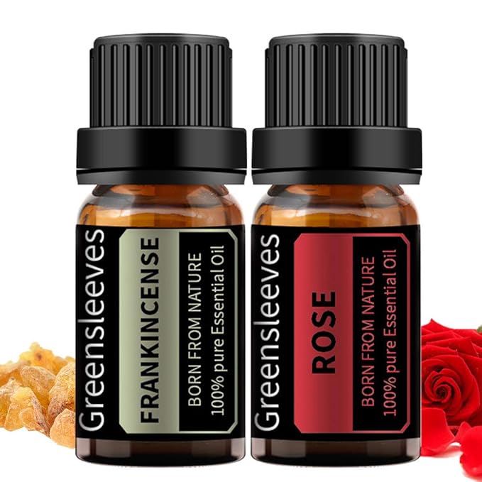 GREENSLEEVES Rose Frankincense Essential Oil Set, 2 x 10ml Pure Plant-Based Fragrance Oil for Aromatherapy, Essential Oils for Diffuser, Massage, Bath Bomb, Scented Candle Soap Making GREENSLEEVES