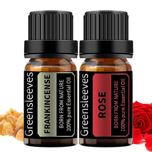 GREENSLEEVES Rose Frankincense Essential Oil Set, 2 x 10ml Pure Plant-Based Fragrance Oil for Aromatherapy, Essential Oils for Diffuser, Massage, Bath Bomb, Scented Candle Soap Making GREENSLEEVES