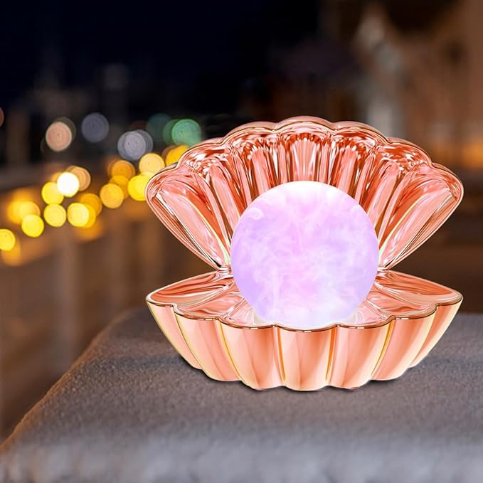 Shell Pearl Beach Themed Night Light, RGB 8 Colors Changing Mood Shell Pearl Lamps, Bedside LED Clamshell Portable Night Lights for Bar (Electroplated Rose Gold) - Bloomnest