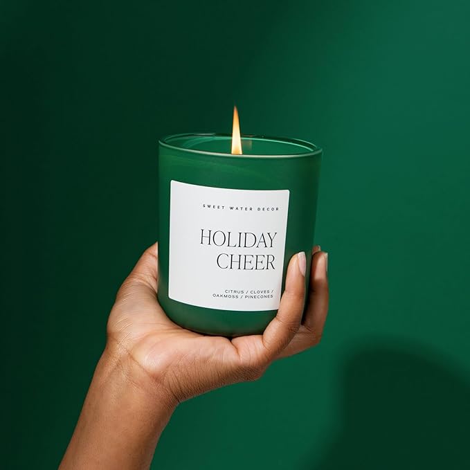 Sweet Water Decor Holiday Cheer Candle - Citrus, Cloves, Pine Scented Soy Candles for Winter - 15oz Green Jar, 70+ Hour Burn Time, Made in The USA - Festive Christmas Candle - Bloomnest